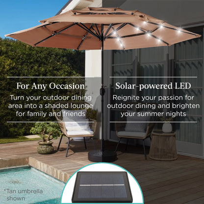 10Ft 3-Tier Solar Patio Umbrella W/ 24 LED Lights, Tilt Adjustment, Easy Crank - Navy Blue
