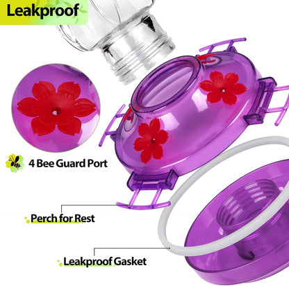 Glass Hummingbird Feeders for Outdoors, Built-In Ant Moat & Leakproof Design,  Hummingbird Feeder with 4 Bee Guard Feeding Ports, 15OZ, Purple, Gifts for Mom Wife Dad, Birthday Gift for Men Women