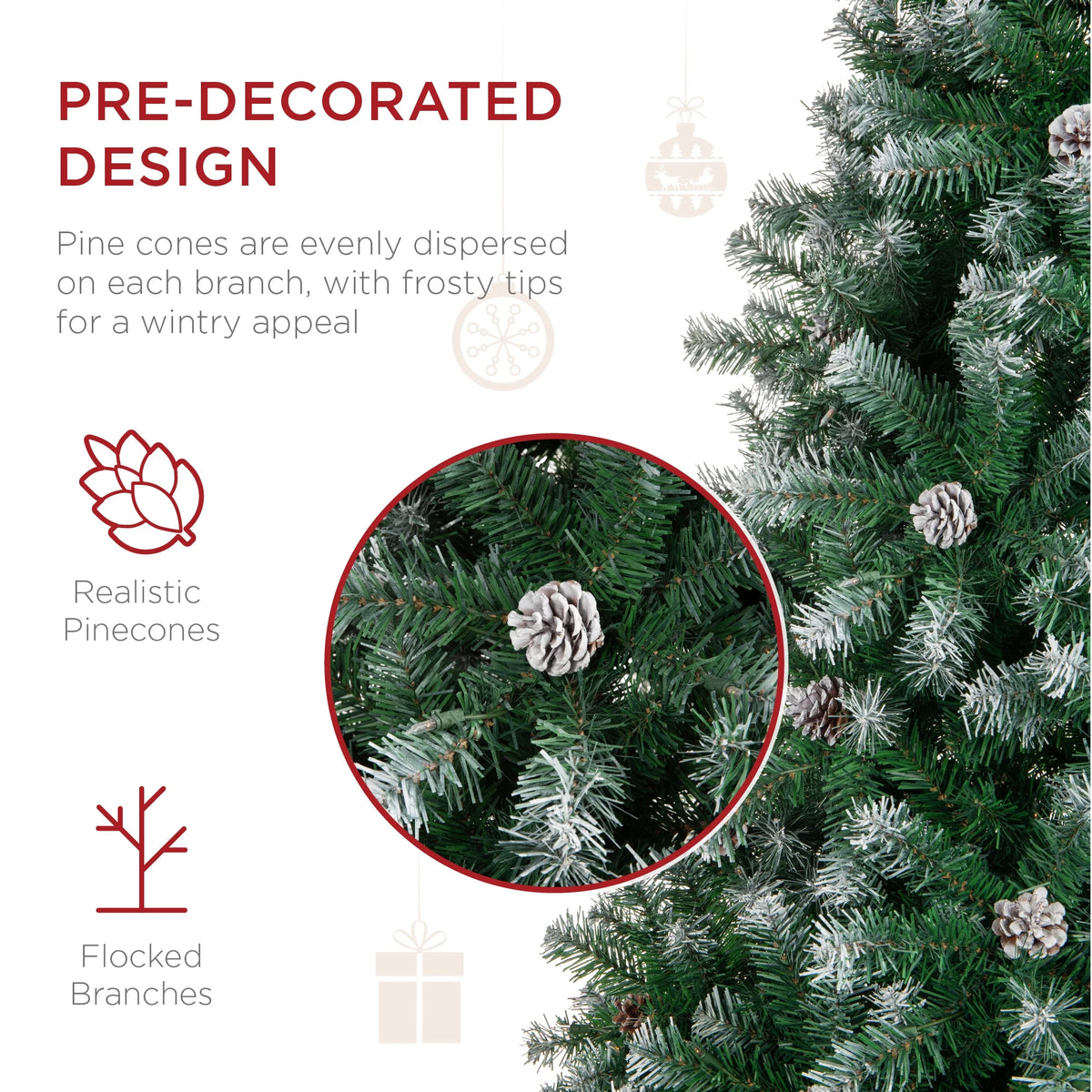 6Ft Pre-Decorated Holiday Christmas Pine Tree W/1,000 Branch Tips, Partially Flocked, Base Green