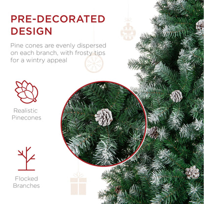 6Ft Pre-Decorated Holiday Christmas Pine Tree W/1,000 Branch Tips, Partially Flocked, Base Green