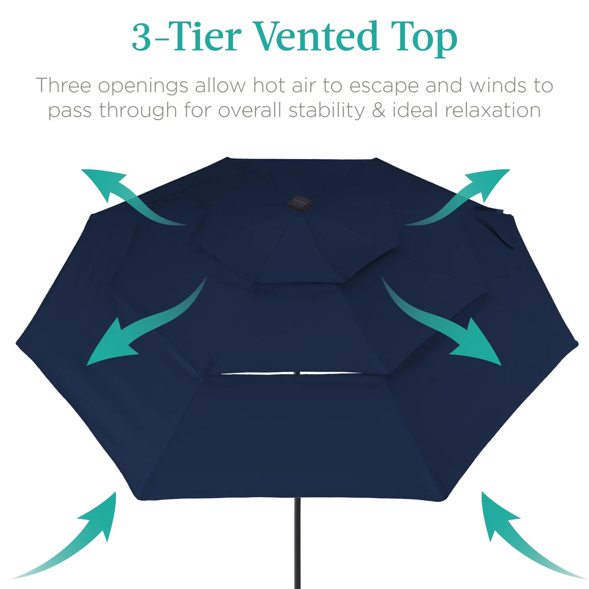 10Ft 3-Tier Solar Patio Umbrella W/ 24 LED Lights, Tilt Adjustment, Easy Crank - Navy Blue
