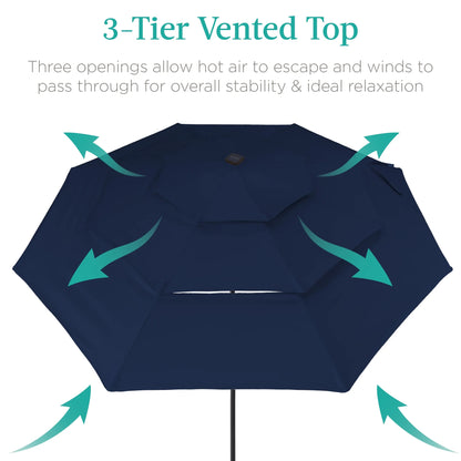 10Ft 3-Tier Solar Patio Umbrella W/ 24 LED Lights, Tilt Adjustment, Easy Crank - Navy Blue