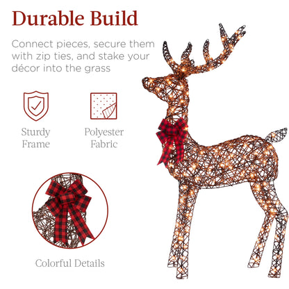 3-Piece Lighted Christmas Deer Set Outdoor Yard Decoration W/ 360 LED Lights, Stakes - Rattan