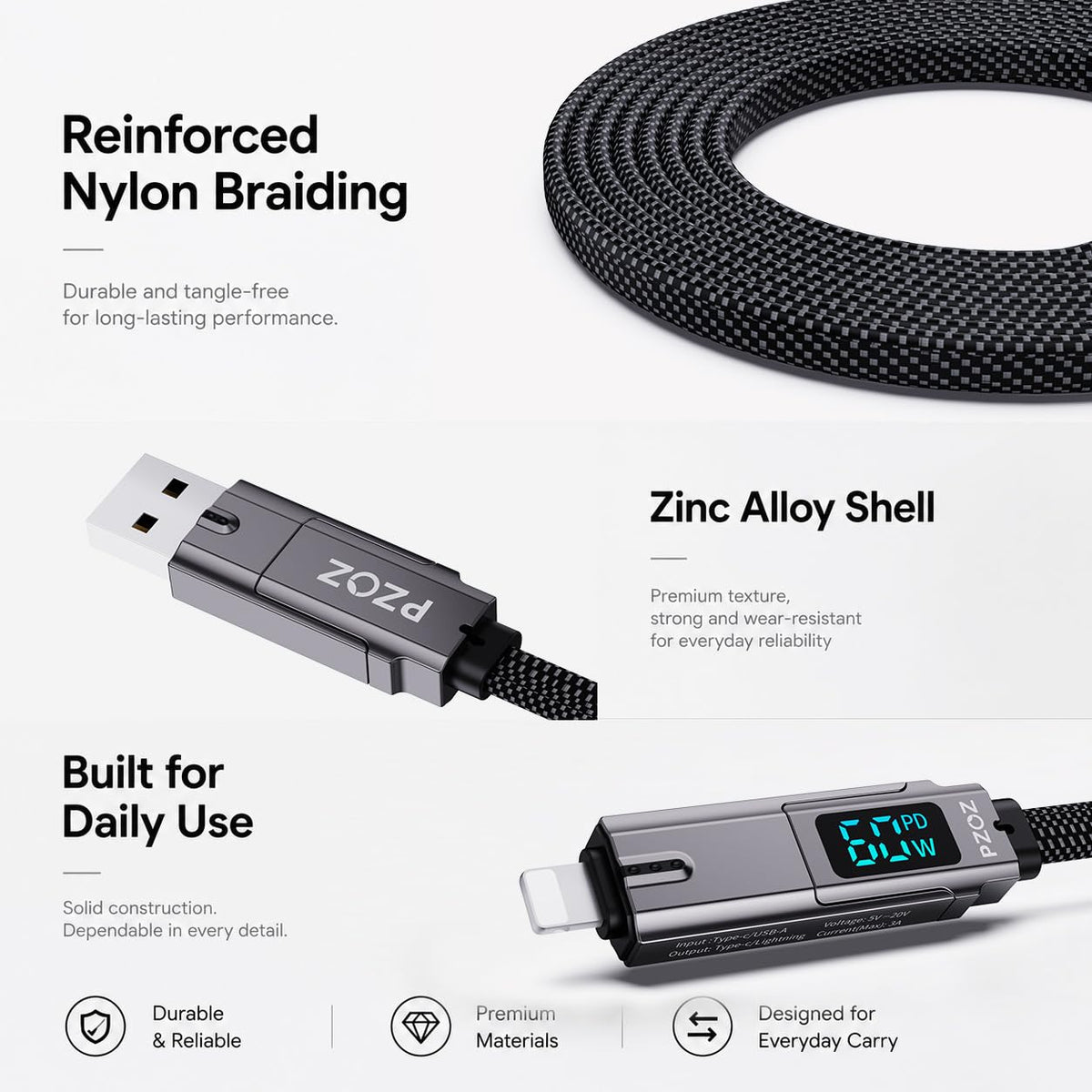 4-In-1 Keychain Charging Cable, 60W Fast Charging USB C Cable with LED Display, USB A/C to USB C & Lightning, Portable Short Charger Cord for Iphone 16/15, Ipad, Macbook, Samsung (60W, 7.3 Inchs)