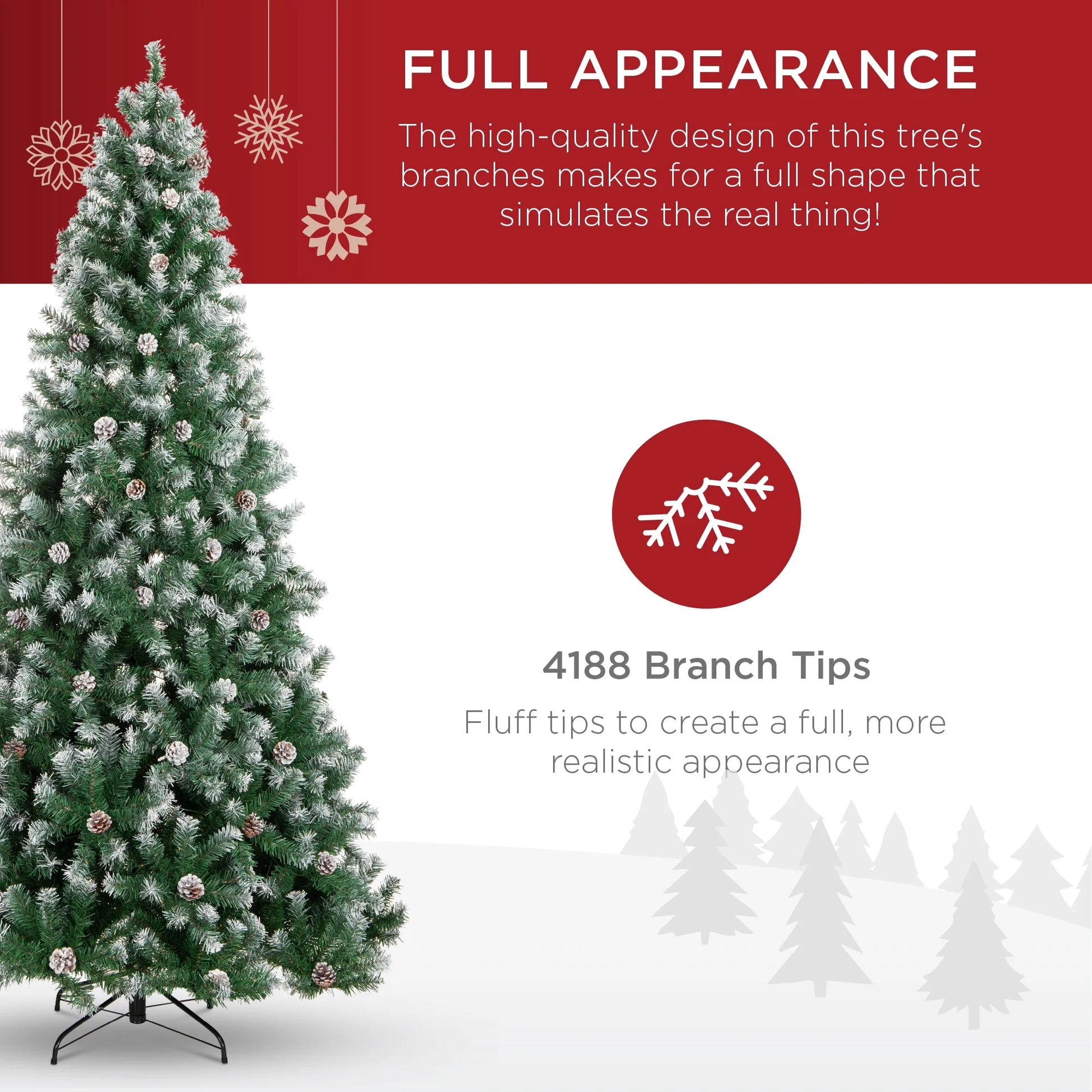 12Ft Pre-Decorated Holiday Christmas Pine Tree W/4,188 Branch Tips, Partially Flocked, Base Green