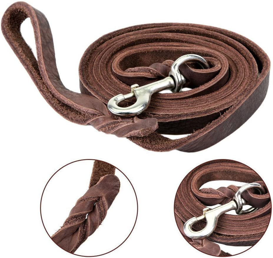 Genuine Leather Braided Brown Dog Leash 4Ft/5Ft/7Ft/8.5Ft Best Lead for Large and Medium Dogs Training Walking Brown/Silver Hook 1/2"*4Ft