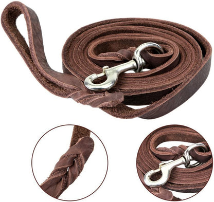 Genuine Leather Braided Brown Dog Leash 4Ft/5Ft/7Ft/8.5Ft Best Lead for Large and Medium Dogs Training Walking Brown/Silver Hook 1/2"*4Ft