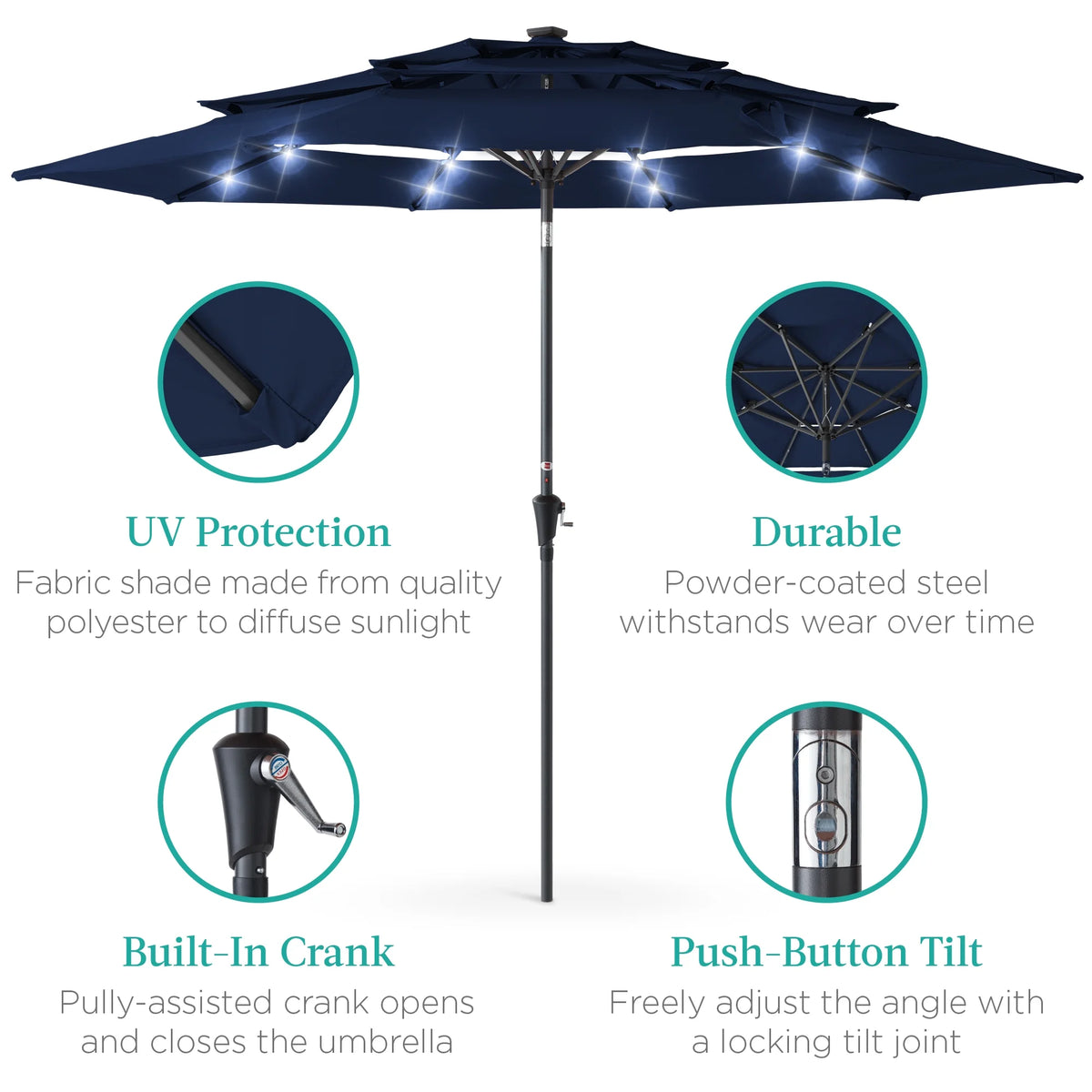 10Ft 3-Tier Solar Patio Umbrella W/ 24 LED Lights, Tilt Adjustment, Easy Crank - Navy Blue