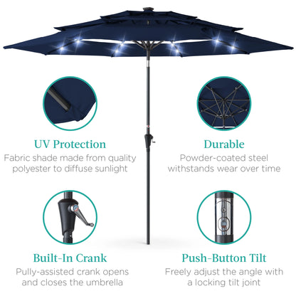 10Ft 3-Tier Solar Patio Umbrella W/ 24 LED Lights, Tilt Adjustment, Easy Crank - Navy Blue