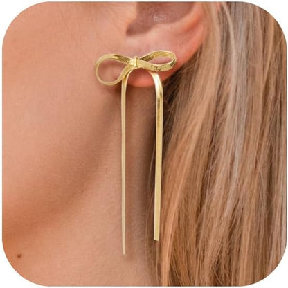 Bow Earrings for Women, 18K Gold Plated Bow Dangle Earrings Dangling Dangly Gold Earrings for Women Trendy for Wedding Prom Aretes Para Mujer Gold Jewelry Gifts for Woman