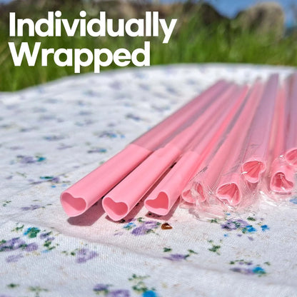 100Pcs Heart Shaped Pink Straws Disposable Cute Straw Individually Wrapped Plastic Pink Straw Party Birthday Party Kids Bridal Shower Wedding