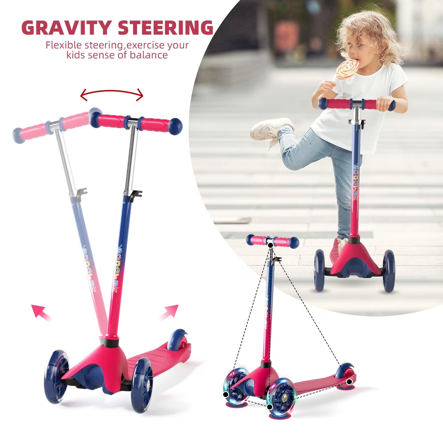 3 Wheel Scooter for Kids, Kick Scooter with Adjustable Height Light up LED Wheels for Boys Girls, Best Gift for Boys Girls Outdoor Activities, Red