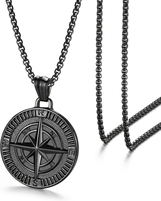 Men'S Compass Pendant Necklace, Stainless Steel Compass Circle Vintage Coin Necklace Navigator Forged for Male Talisman Travel Jewelry