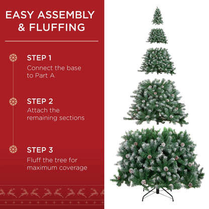12Ft Pre-Decorated Holiday Christmas Pine Tree W/4,188 Branch Tips, Partially Flocked, Base Green