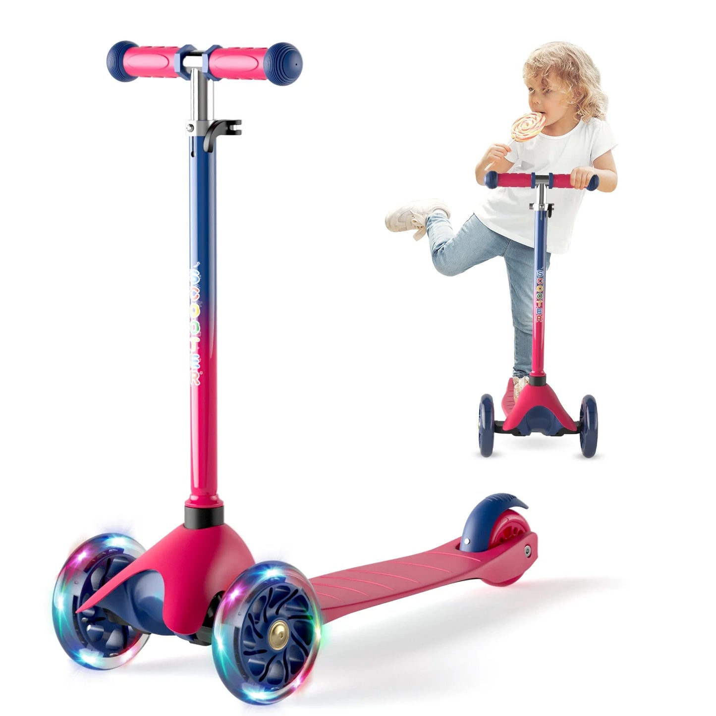 3 Wheel Scooter for Kids, Kick Scooter with Adjustable Height Light up LED Wheels for Boys Girls, Best Gift for Boys Girls Outdoor Activities, Red