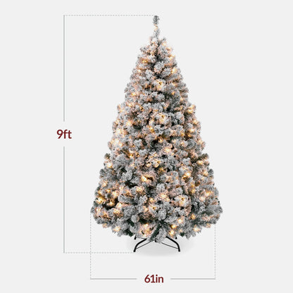 9Ft Pre-Lit Holiday Christmas Pine Tree W/ Snow Flocked Branches, 900 Warm White Lights