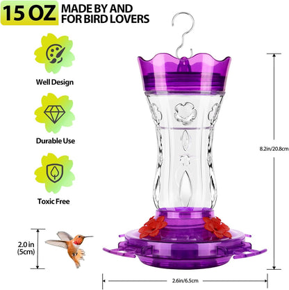 Glass Hummingbird Feeders for Outdoors, Built-In Ant Moat & Leakproof Design,  Hummingbird Feeder with 4 Bee Guard Feeding Ports, 15OZ, Purple, Gifts for Mom Wife Dad, Birthday Gift for Men Women