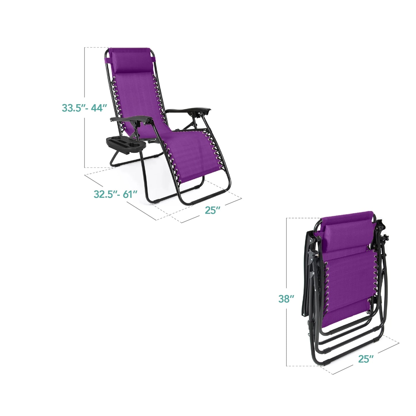 Set of 2 Zero Gravity Lounge Chair Recliners for Patio, Pool W/ Cup Holder Tray - Amethyst Purple