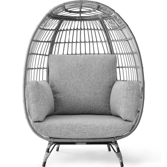 Wicker Egg Chair Oversized Indoor Outdoor Patio Lounger W/ Steel Frame - Gray/Heather Gray