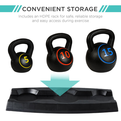 3-Piece Kettlebell Set with Storage Rack, Exercise Fitness Concrete Weights 5Lb, 10Lb, 15Lb
