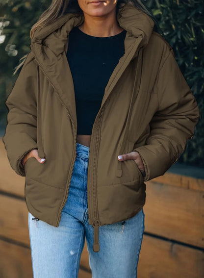Full Zipper Puffer Jacket for Women Cropped Hooded Puffer Coat Winter Warm with Pockets Petite