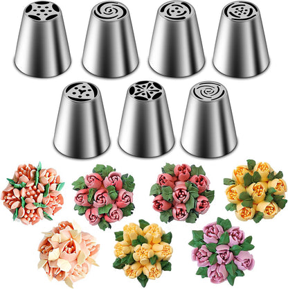 Russian Piping Tips Set, 7 Pieces | Stainless Steel, Cupcake Flower Shaped Frosting Nozzle Kit, for Pastry Cupcakes Cakes Cookies Decorating