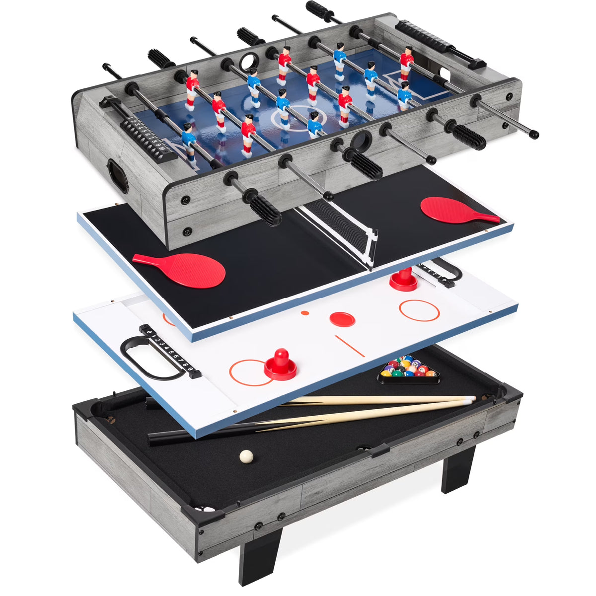 4-In-1 Multi Game Table, Childrens Arcade Set W/ Pool Billiards, Air Hockey, Foosball - Gray