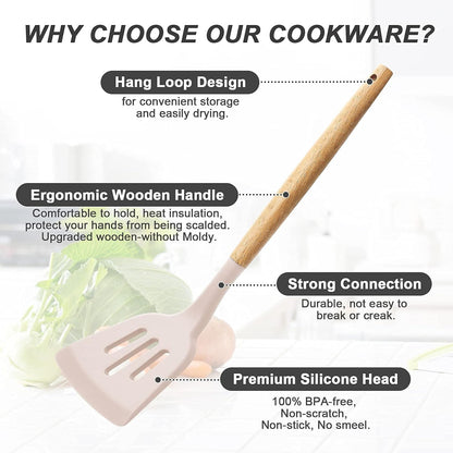 33 PCS Silicone Cooking Utensils Set, Kitchen Utensils Spatula Set with Holder, Wooden Handles Heat Resistant & BPA Free & Non-Toxic -Best Kitchen Gadgets Tools for Cookware(Khaki)