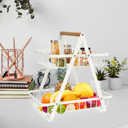 2-Tier Countertop Fruit Basket, Detachable Metal Rectangular Fruit Bowl with Portable Wooden Handle, Multi-Purpose Storage Organizer for Kitchen, Dining Room,Fruits,Vegetables, Bread & Snacks