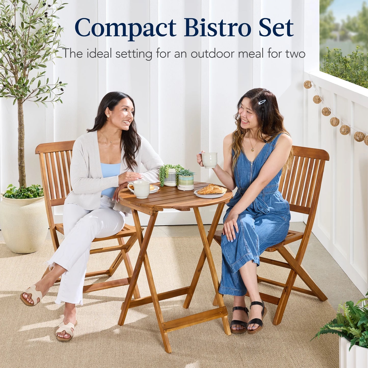 3-Piece Acacia Wood Bistro Set, Folding Patio Furniture W/ 2 Chairs, Table - Natural