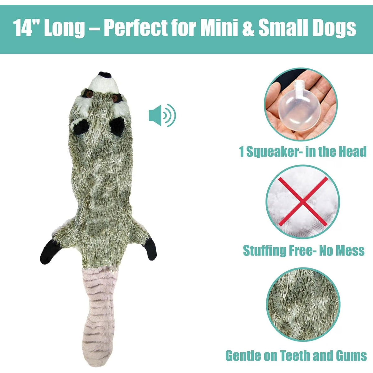 Skinneeez Raccoon Dog Toy – Soft No Stuffing Dog Toy with Squeaker, for Small & Medium Dogs, Best for Light to Moderate Chewers, 14In