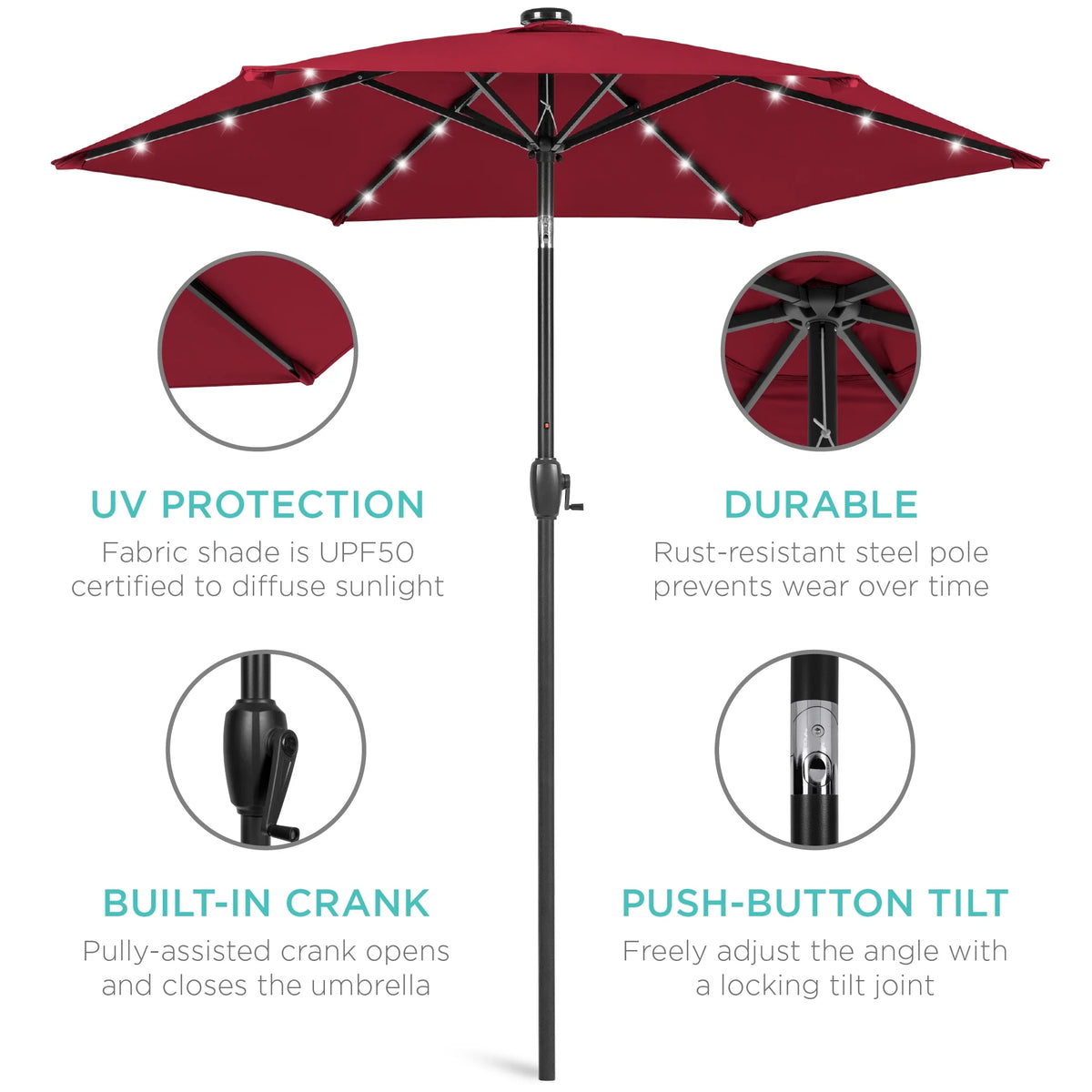 7.5Ft Outdoor Solar Patio Umbrella for Deck, Pool W/ Tilt, Crank, LED Lights - Burgundy