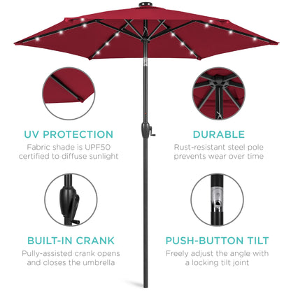 7.5Ft Outdoor Solar Patio Umbrella for Deck, Pool W/ Tilt, Crank, LED Lights - Burgundy