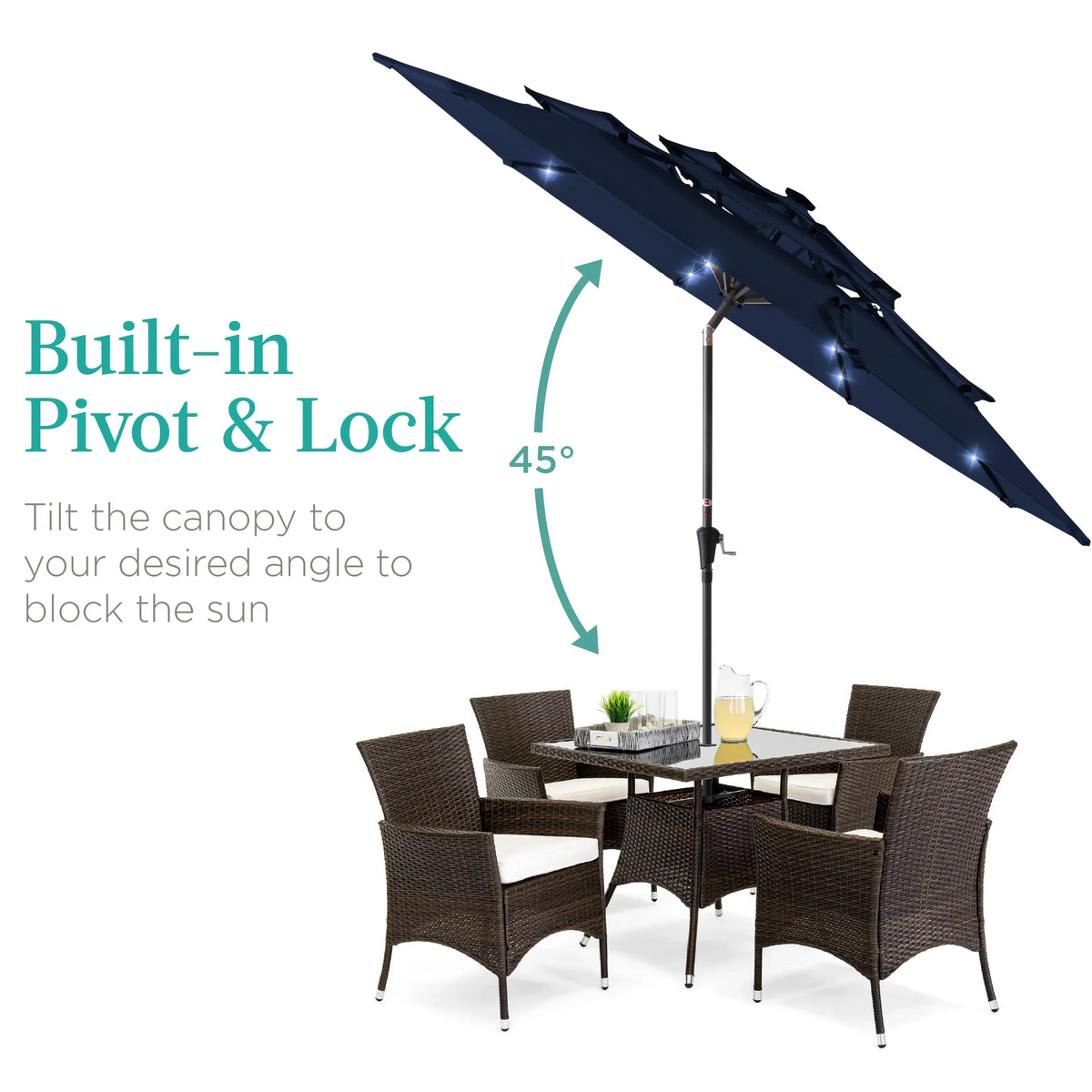 10Ft 3-Tier Solar Patio Umbrella W/ 24 LED Lights, Tilt Adjustment, Easy Crank - Navy Blue