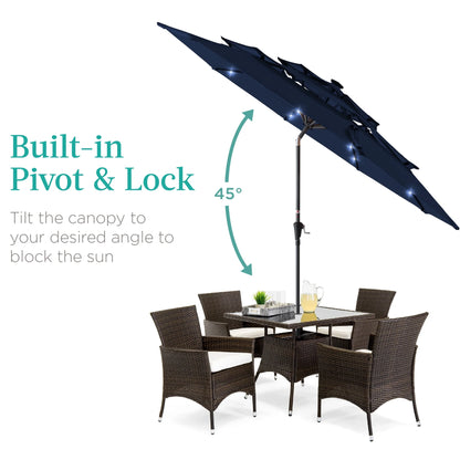 10Ft 3-Tier Solar Patio Umbrella W/ 24 LED Lights, Tilt Adjustment, Easy Crank - Navy Blue