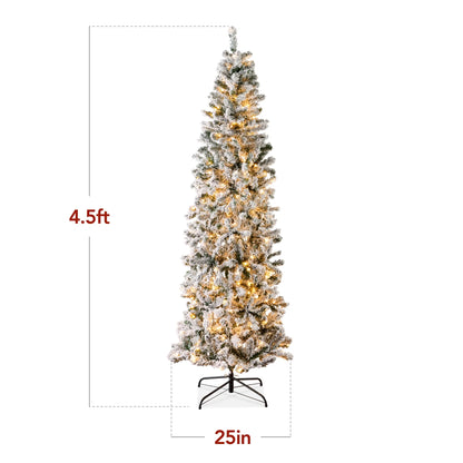 4.5Ft Pre-Lit Artificial Snow Flocked Pencil Christmas Tree Holiday Decoration W/ 150 Lights