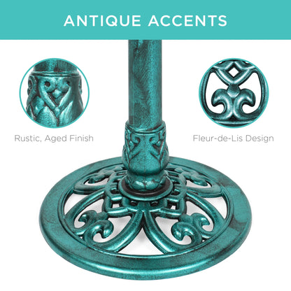 Outdoor Rustic Pedestal Bird Bath Accent for Garden, Yard W/ Fleur-De-Lis Accents - Green