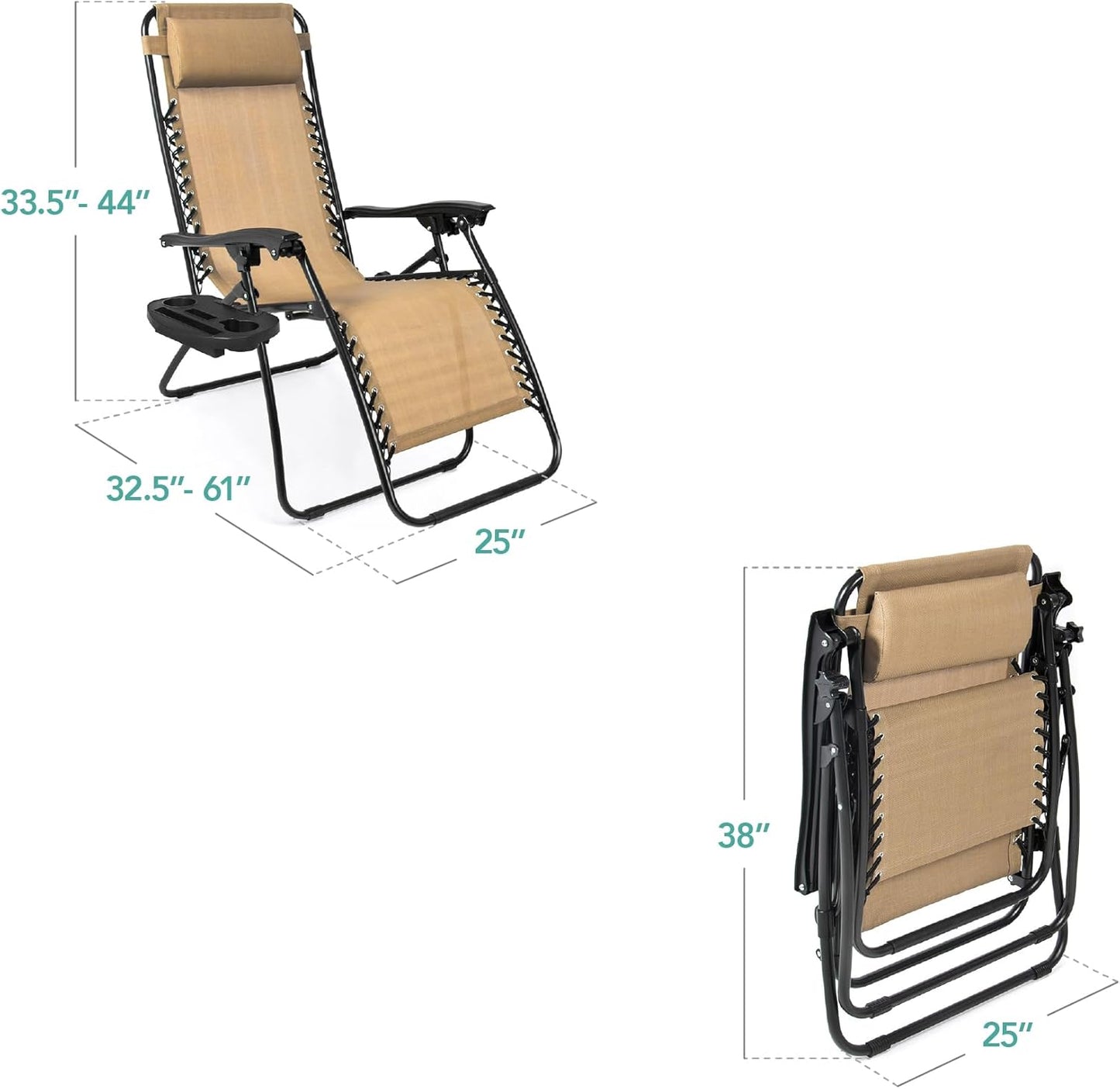 Best Choice Products Set of 2 Adjustable Steel Mesh Zero Gravity Lounge Chair Recliners W/Pillows and Cup Holder Trays - Beige