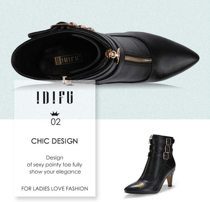 Women'S Pointed Toe Metal Buckle Two Strap Ankle Booties Side Zipper Kitten Heel Dress Classic Short Boots
