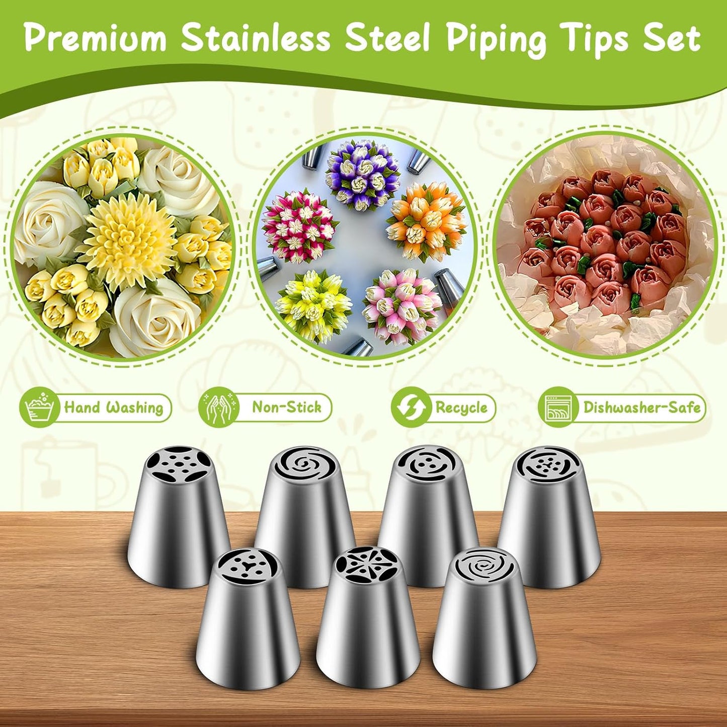 Russian Piping Tips Set, 7 Pieces | Stainless Steel, Cupcake Flower Shaped Frosting Nozzle Kit, for Pastry Cupcakes Cakes Cookies Decorating