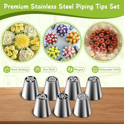 Russian Piping Tips Set, 7 Pieces | Stainless Steel, Cupcake Flower Shaped Frosting Nozzle Kit, for Pastry Cupcakes Cakes Cookies Decorating