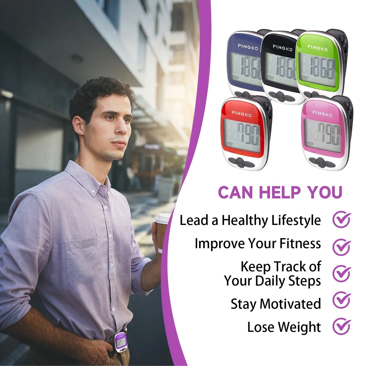 Best Pedometer for Walking Accurately Track Steps Multi-Function Portable Sport Pedometer Step/Distance/Calories Counter Fitness Tracker - Purple