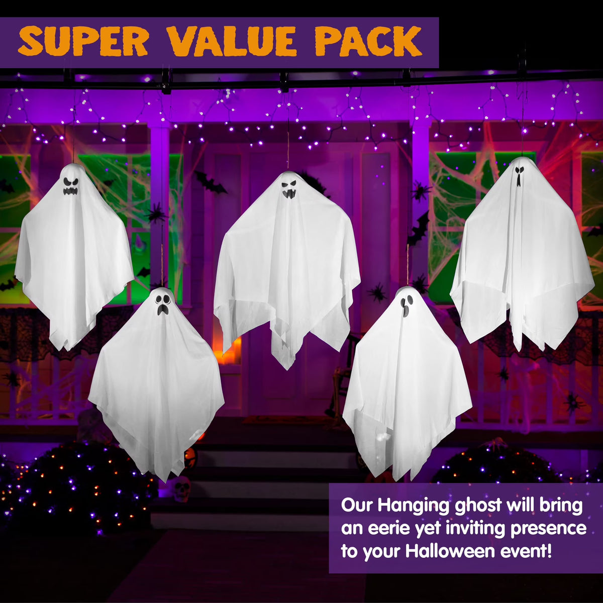 27.5" 5 Pack Halloween Hanging Ghosts for Halloween Party Decoration, Cute Flying Ghost for Front Yard Patio Lawn Garden Party Décor and Holiday Halloween Hanging Decorations