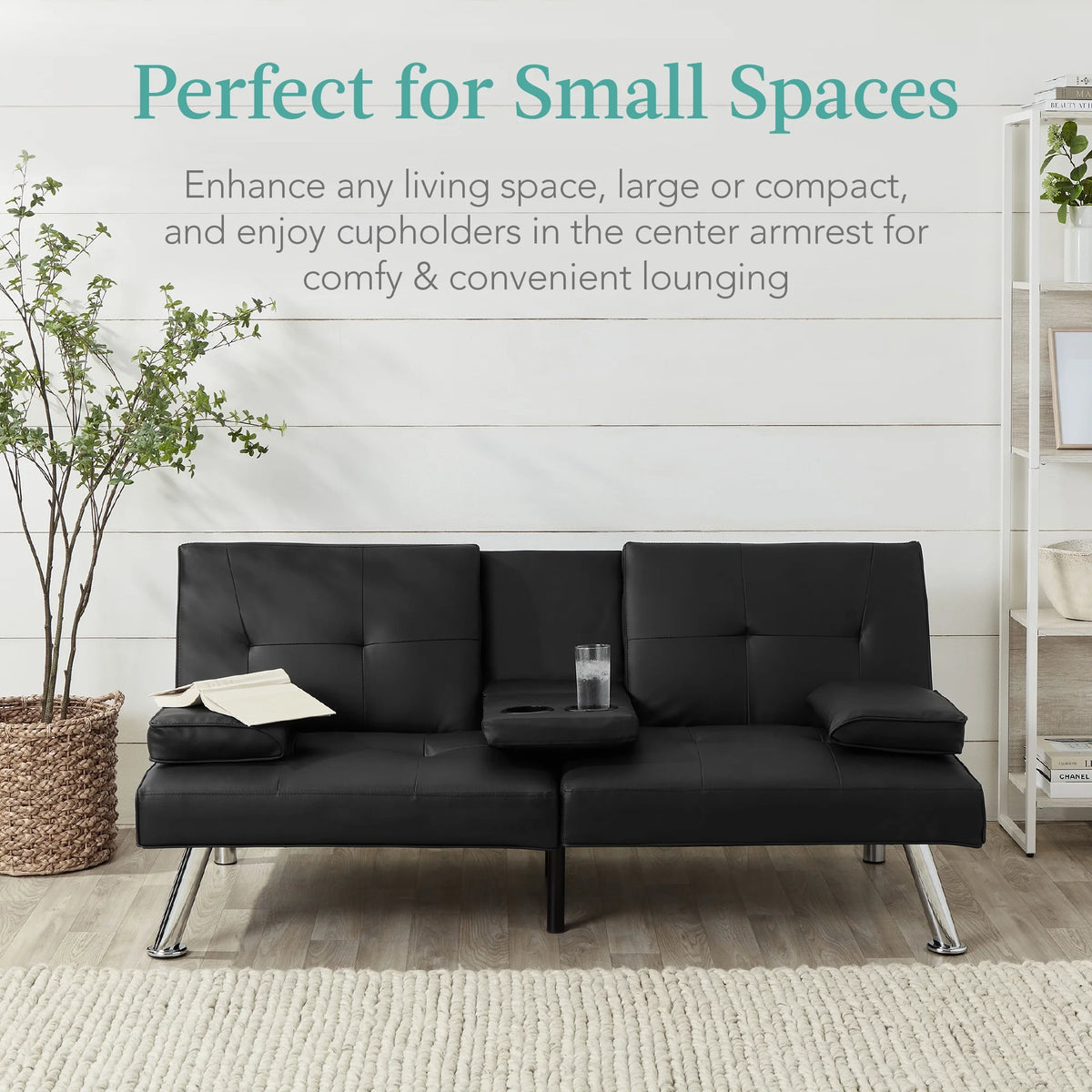 Modern Faux Leather Convertible Futon Sofa W/ Removable Armrests, 2 Cupholders - Black