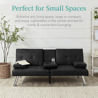Modern Faux Leather Convertible Futon Sofa W/ Removable Armrests, 2 Cupholders - Black