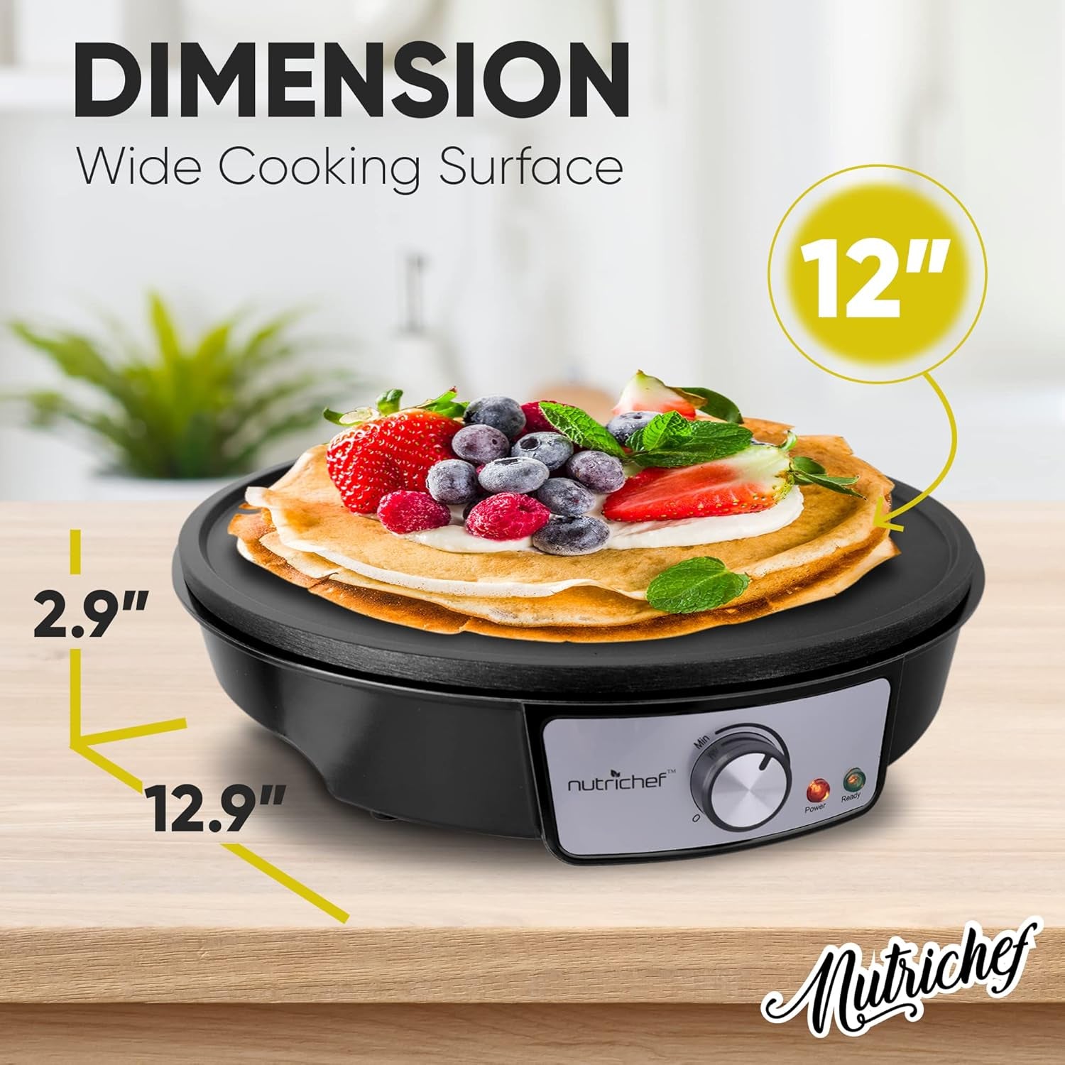 Electric Crepe Maker Pan & Griddle | 12 Inch Nonstick Cooktop | LED Indicators & Adjustable Temperature Control | Includes Spatula, Batter Spreader | Cooks Crepes, Roti & Pancakes