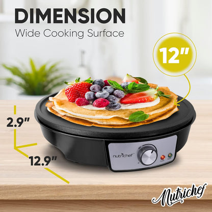 Electric Crepe Maker Pan & Griddle | 12 Inch Nonstick Cooktop | LED Indicators & Adjustable Temperature Control | Includes Spatula, Batter Spreader | Cooks Crepes, Roti & Pancakes
