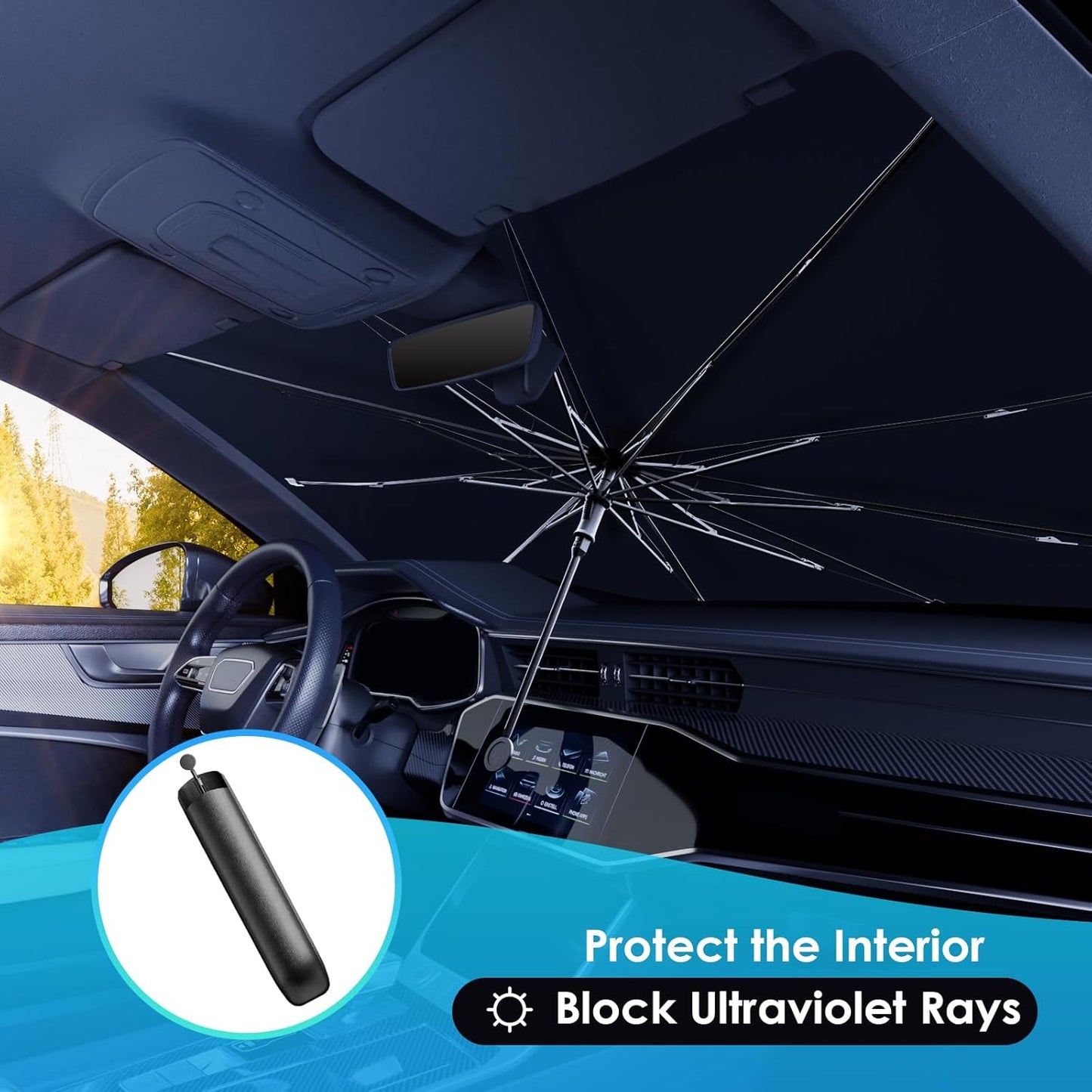 Car Windshield Sun Shade Umbrella, 2026 Upgrade Foldable Car Windshield Sun Shade Cover, 100% Sun Blocking & UV Protection Easy to Store, Fits Most Cars & Suvs (Large (55.1 * 31.1 Inch))