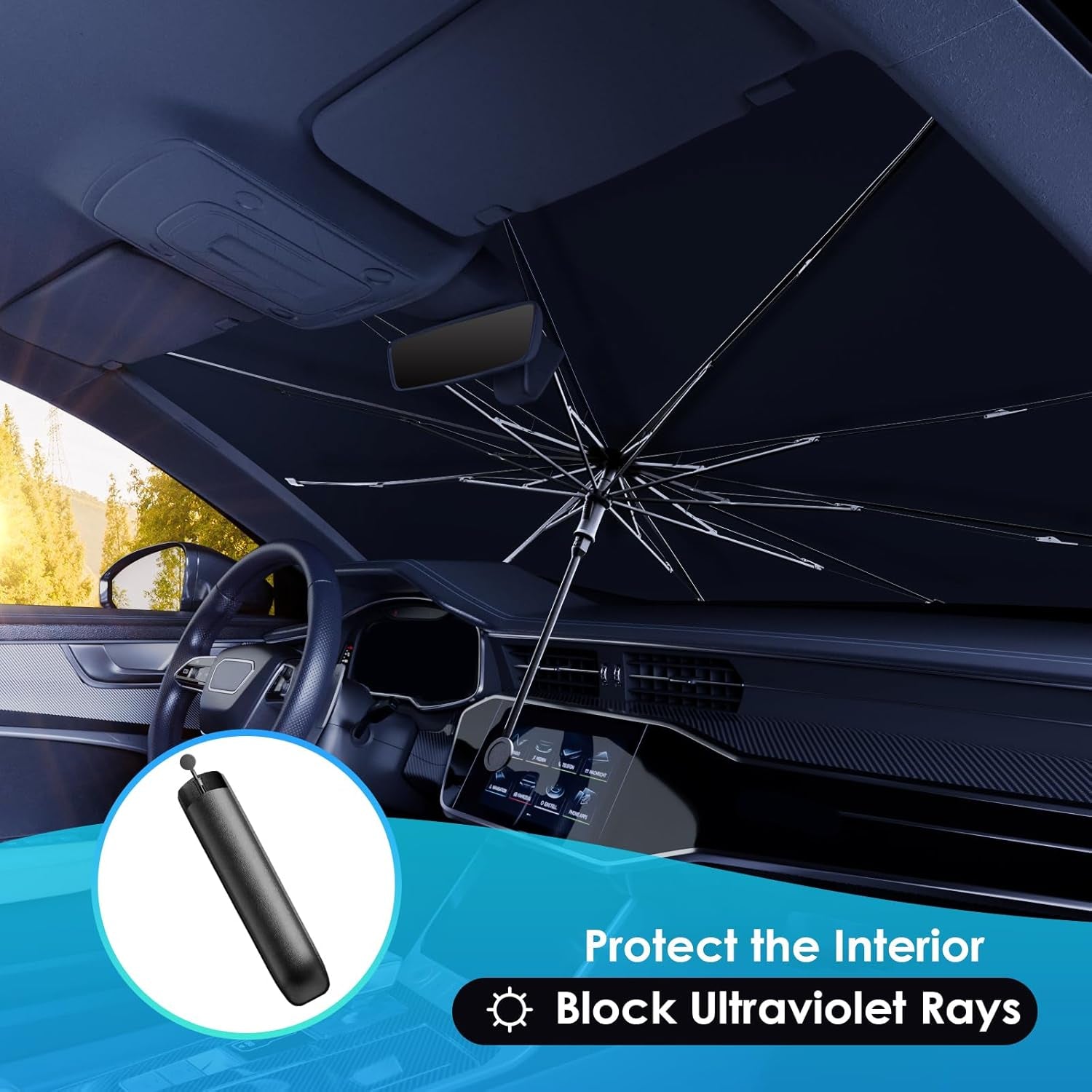 Car Windshield Sun Shade Umbrella, 2026 Upgrade Foldable Car Windshield Sun Shade Cover, 100% Sun Blocking & UV Protection Easy to Store, Fits Most Cars & Suvs (Large (55.1 * 31.1 Inch))