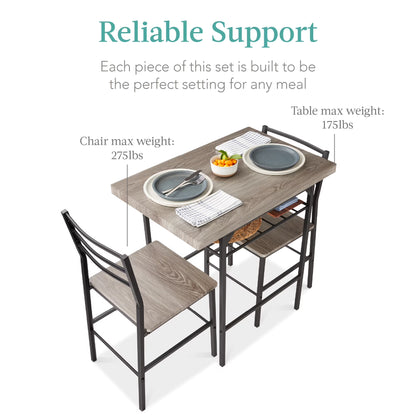 3-Piece Modern Dining Set, Square Table & Chairs Set W/ Steel Frame, Storage Rack - Gray/Black